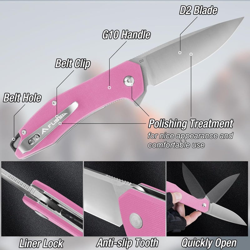 FLISSA Pocket Knife, Folding Tactical Knife with G10 Handle, D2 Blade, Liner Lock, Pocket Clip, EDC Knife for Hiking, Camping, Survival, Indoor and Outdoor Activities(Pink) - Image 2